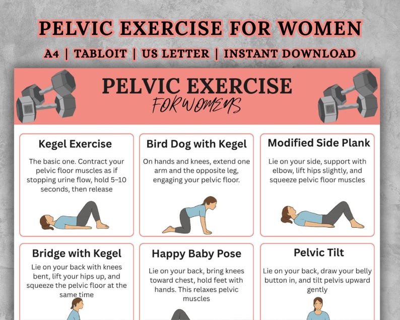 May include: A pink and white infographic titled "Pelvic Exercise for Women" with illustrations of exercises like Kegel, Bird Dog, and Pelvic Tilt. Includes text "A4 | Tabloid | US Letter | Instant Download".