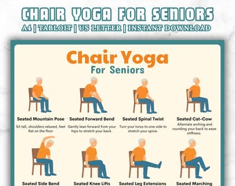 Yoga en silla para personas mayores: tabla imprimible de yoga sentado con 16 posturas suaves para adultos mayores, rutina de ejercicios en silla (PDF, descarga instantánea)