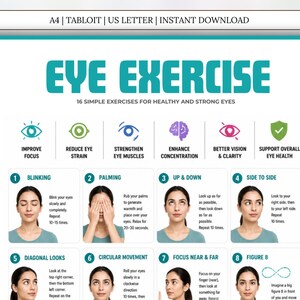 May include: A white informational poster titled EYE EXERCISE with teal text and icons. It lists 16 simple exercises for healthy and strong eyes, featuring numbered steps with illustrations of a person demonstrating techniques like blinking and palming.