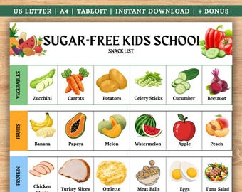Puede incluir: Una colorida lista de snacks imprimible para niños, con ilustraciones de varias frutas, verduras y fuentes de proteínas. La lista incluye calabacín, zanahorias, patatas, plátanos, manzanas y más. El título dice "Sugar-Free Kids School".