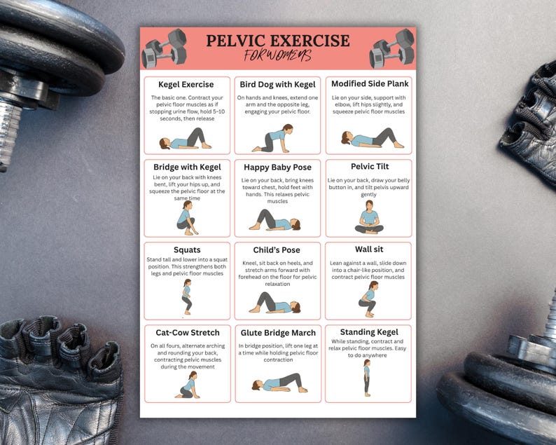 May include: A poster titled "Pelvic Exercise for Women" with exercise diagrams. Exercises include Kegel, Bird Dog, Modified Side Plank, Bridge with Kegel, Happy Baby Pose, Pelvic Tilt, Squats, Child's Pose, Wall Sit, Cat-Cow Stretch, Glute Bridge March, and Standing Kegel.
