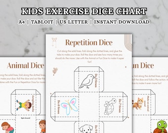 Juego de dados de ejercicio para niños: juego de movimiento imprimible para niños. Juego de 3 dados con movimientos de animales, repetición y diversión. Ideal para jugar en casa, en el aula o en interiores.