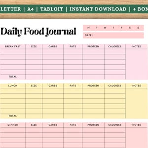May include: A printable Daily Food Journal with sections for breakfast, lunch, and dinner. Each section includes space to record size, carbs, fats, protein, calories, and notes. The journal is available as an instant download.