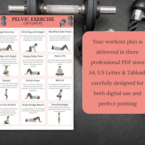May include: A workout plan for pelvic exercises, featuring illustrations of various exercises like Kegel, Bird Dog, and Bridge with Kegel. The plan is designed for digital use and printing, available in A4, US Letter, and Tabloid sizes.
