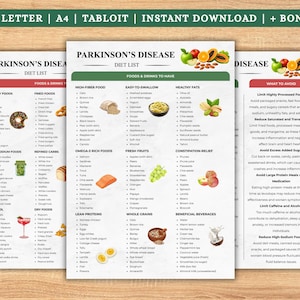 Puede incluir: Lista de dieta imprimible de tres páginas para la enfermedad de Parkinson, con títulos como "Alimentos y bebidas para consumir" y "Qué evitar". Incluye listas de alimentos, como alimentos azucarados, alimentos ricos en fibra y grasas saludables. El banner superior dice "US LETTER | A4 | TABLOIT | DESCARGA INSTANTÁNEA | + BONUS".
