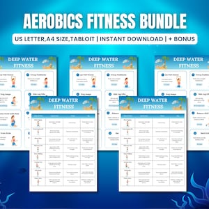Puede incluir: Un paquete de guías imprimibles de fitness aeróbico. Las guías se titulan "Deep Water Fitness" y presentan ejercicios ilustrados con instrucciones. El banner superior dice "AEROBICS FITNESS BUNDLE". Las guías están sobre un fondo azul.
