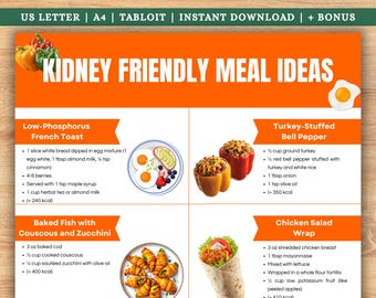 May include: A colorful infographic with the title "Kidney Friendly Meal Ideas" in white text on an orange background. The image features four meal ideas: French toast, turkey-stuffed bell peppers, baked fish, and a chicken salad wrap.