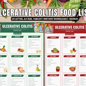 May include: Two printable food lists for ulcerative colitis, one green for foods to eat and one red for foods to avoid. Each list is organized into categories like fruits, vegetables, lean protein, and dairy.