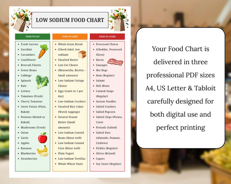 Low Sodium Food List, Low Salt Meal Plan Chart, Grocery List Guide for ...