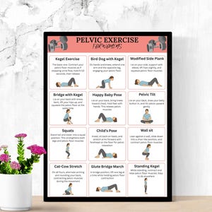 May include: A framed poster with black border displays pelvic exercise instructions for women. The poster includes illustrations and descriptions of exercises like Kegel, Bird Dog, and Modified Side Plank. A white vase with pink flowers is in the foreground.