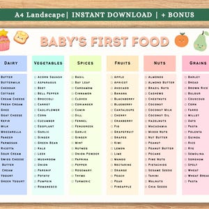 May include: A colorful chart titled "Baby's First Food" lists dairy, vegetables, spices, fruits, nuts, and grains. The A4 landscape printable includes illustrations of food items like a cupcake, orange, and watermelon. The text "Instant Download + Bonus" is at the top.