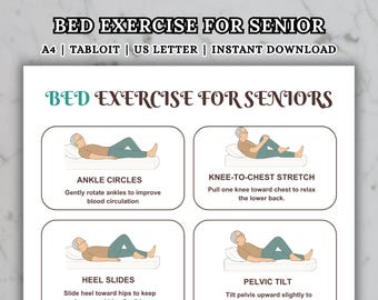Bettübungen für Senioren, druckbare Trainingstabelle mit geringer Belastung für ältere Erwachsene, sanftes Betttraining PDF für Senioren, Sofort-Download