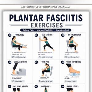 Utskrivbara övningar för plantar fasciit, stretching för häl- och fotsmärta, smärtlindring för plantar fasciit, rörlighetsövningar