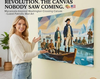 Manansala-Inspired Washington Crossing the Delaware Canvas | Cubist Patriotic Wall Art | Historic American Decor