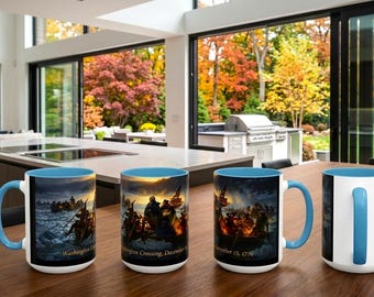 Tazza "Washington attraversa il Delaware", tazza da caffè patriottica "America 250", storia della Guerra d'Indipendenza americana.