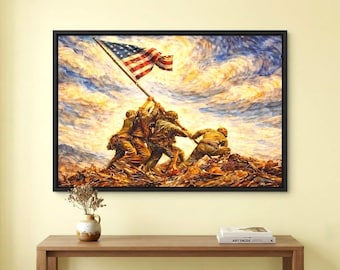 硫黄島国旗掲揚キャンバスウォールアート｜象徴的なアメリカ海兵隊の愛国的な絵画｜ミリタリー装飾