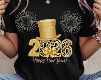 2026 New Year PNG, Gold Glitter NYE Png, Leopard Print  Design, Happy New Year, Trendy New Years Eve Shirt Sublimation, Sparkly Top Hat