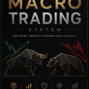 Può includere: Una copertina di libro con il titolo "MACRO TRADING SYSTEM" in lettere dorate e argentate su sfondo nero. La copertina presenta illustrazioni geometriche di un toro e un orso, con grafici finanziari sullo sfondo. L'autore è Andrea D'Agostino.