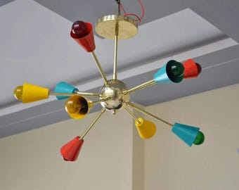 Messing Sputnik Kronleuchter: Mid Century Modern 9-armige Leuchte