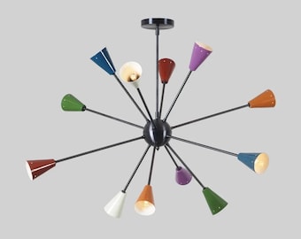 12 Arm Multi Color Shade Brass Sputnik Chandelier Light Fixture Mid Century Style Decor