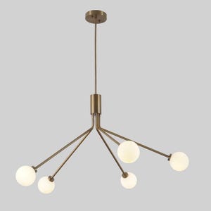 Stilnovo Design Five Arm Milky Globe Brass Sputnik Chandelier Brass Decorative Fixture