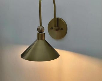 Brass Wall Sconce with Arched Arm and Ball Finial – Handcrafted Cone Shade Light Fixture