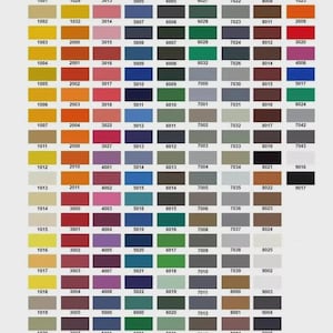 May include: A color chart featuring a grid of various paint swatches. Each swatch displays a unique color, ranging from light yellows and oranges to deep blues and greens. Each color is labeled with a four-digit number.