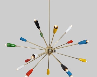 16 Arm Multi Color Shade Brass Sputnik Chandelier Light Fixture Mid Century Style