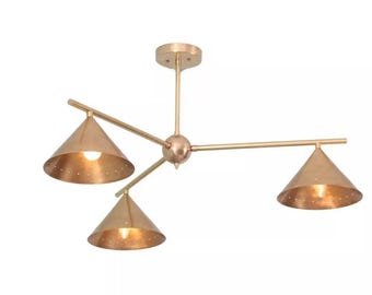 Raw Brass Chandelier: Mid-Century Modern 3-Light Fixture