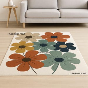 Vintage Daisy Flower Rug – Hand Tufted Colorful Floral Carpet, Mid Century Modern Boho Area Rug for Living Room & Bedroom