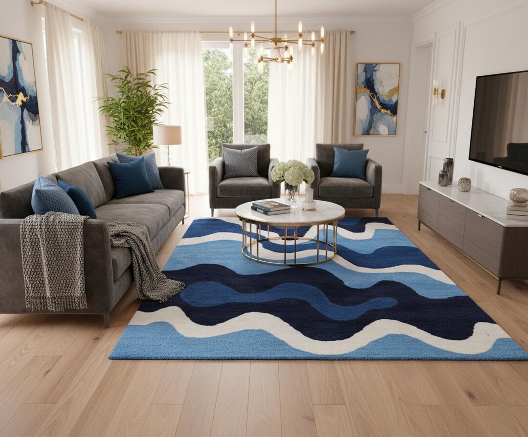 Blue Wave Wool Rug | Hand-tufted Abstract Ocean Carpet - Etsy