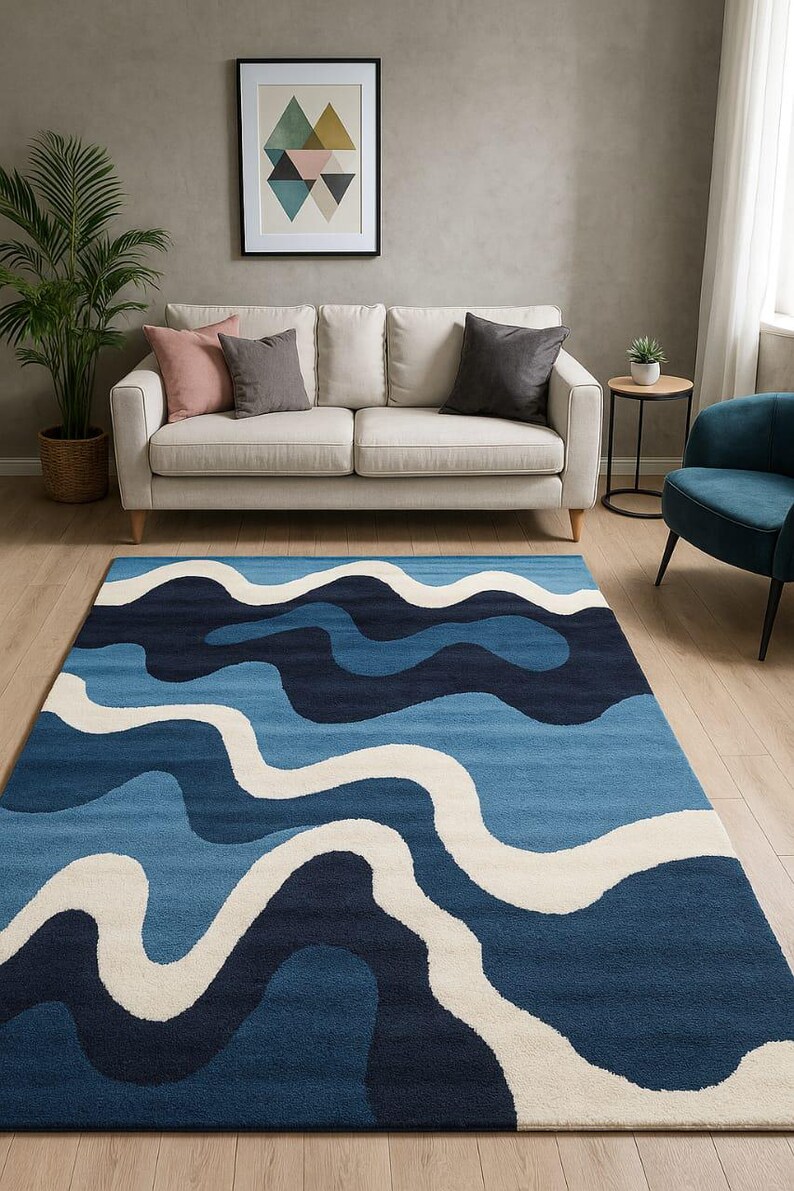 Blue Wave Wool Rug | Hand-tufted Abstract Ocean Carpet - Etsy