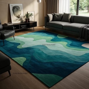 Abstract Modern Area Rug – Blue Green Ocean Wave Design Carpet for Living Room, Contemporary Hand Tufted Floor Decor