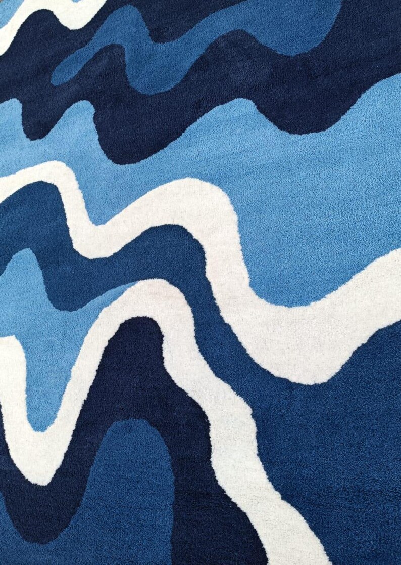 Blue Wave Wool Rug | Hand-tufted Abstract Ocean Carpet - Etsy