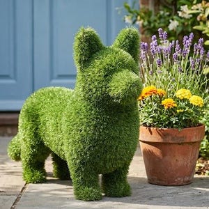 May include: A life-size, green corgi topiary made of artificial grass stands on a stone patio. The topiary is near a potted plant with purple and yellow flowers. Text reads: "Greenomy Collection. UV-PROTECTED FOR PATIO" and "LIFE-SIZE CORGI TOPIARY MAINTENANCE-FREE GARDEN COMPANION."
