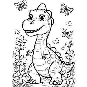 May include: Black and white line art illustration of a smiling dinosaur with butterflies and flowers. The dinosaur has a friendly expression and is surrounded by detailed floral elements, perfect for coloring.