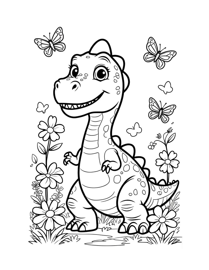 May include: Black and white line art illustration of a smiling dinosaur with butterflies and flowers. The dinosaur has a friendly expression and is surrounded by detailed floral elements, perfect for coloring.