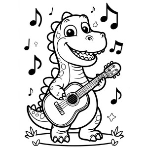 May include: Black and white illustration of a smiling dinosaur playing an acoustic guitar. Musical notes and a star surround the dinosaur. The dinosaur is standing on a grassy area.