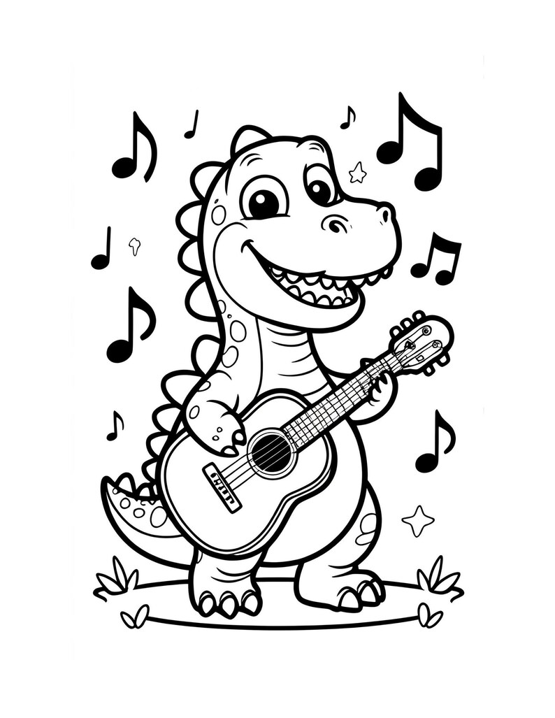 May include: Black and white illustration of a smiling dinosaur playing an acoustic guitar. Musical notes and a star surround the dinosaur. The dinosaur is standing on a grassy area.