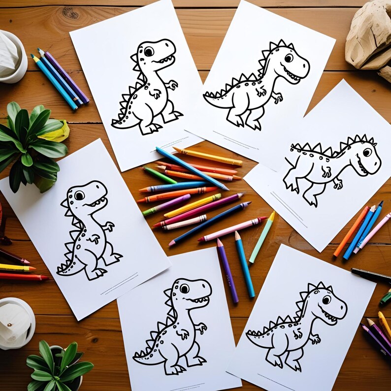 May include: A collection of dinosaur coloring pages with various poses, outlined in black on white paper. Colored pencils in multiple colors are scattered around the pages on a wooden surface, ready for use. A small green plant and a white container are also visible.