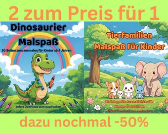 2 coloring books for the price of 1 – Animal Families & Friends + Dinosaurs – 60 coloring pages – PDF download – Kawaii coloring book for children