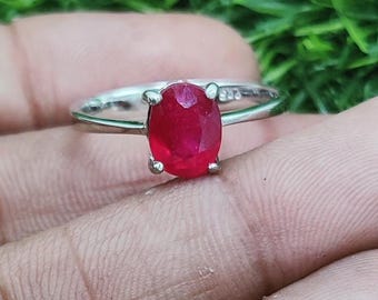 Lab Grown Red Ruby Sterling Silver Ring, US Size 8