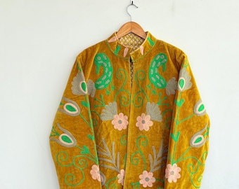 Handmade Velvet Suzani Jacket, Mustard Yellow Embroidered Boho Coat, Floral Folk Art Jacket, Festival Velvet Outerwear for Women.