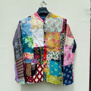 Handmade Patchwork Kantha Jacket, Reversible Cotton Quilted Coat, Boho Indian Style