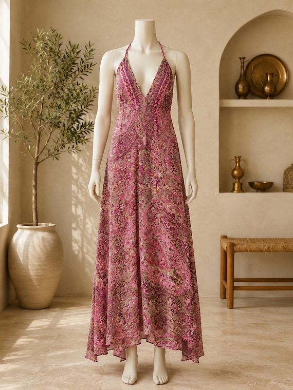 boho paisley halter dress Pink Maxi Dress, Bohemian Summer Beach Resort Wear Cupshe