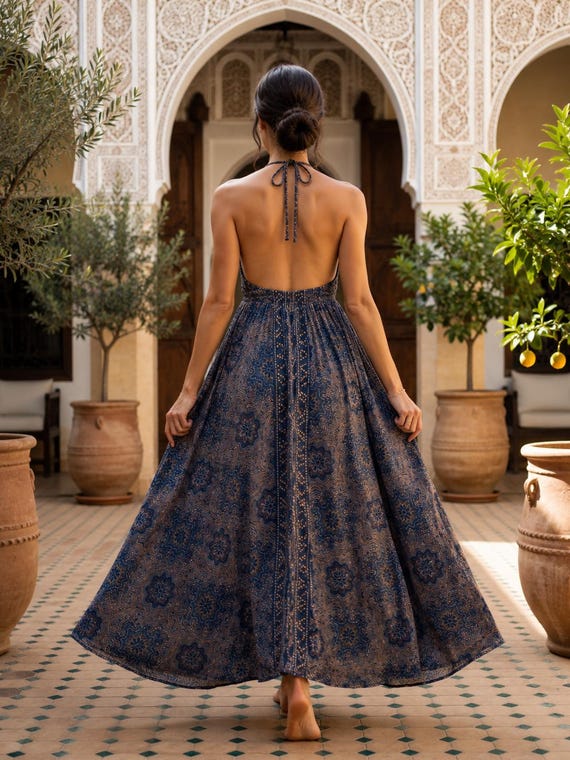 flowing halter dress Blue Paisley Print Maxi Dress, Boho Summer Beach Resort Wear PFID|HMU129S_311|PFMW