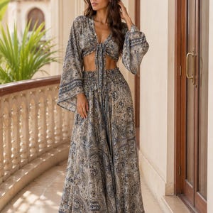 Boho Paisley Two-Piece Set, Tie-Front Crop Top, Maxi Skirt, Resort Wear