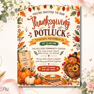 May include: A Thanksgiving potluck invitation card featuring autumn leaves, a wooden sign with text, pumpkins, a pumpkin pie, and a turkey wearing a pilgrim hat. The text reads: You're invited to our Thanksgiving Potluck, Thursday, November 20, at 12:00 PM.