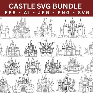 Puede incluir: Una colección de ilustraciones de castillos en blanco y negro. La imagen presenta varios diseños de castillos, incluidos aquellos con múltiples torres, banderas y entradas arqueadas. El texto "CASTLE SVG BUNDLE" está en la parte superior, con opciones de tipo de archivo debajo.