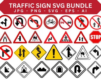 Traffic Signs SVG Bundle, Road Symbols Clipart (Digital Download)